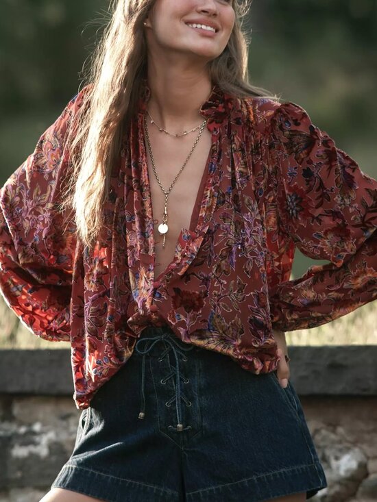 Anthropologie Tops - Anthropologie The Estela Burnout Sheer Printed Blouse Maroon Red XXS